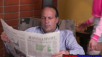 Slutty teen contrasts with old man in deepthroat group banging