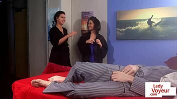 cute femdoms in lingerie humiliate sub guy?