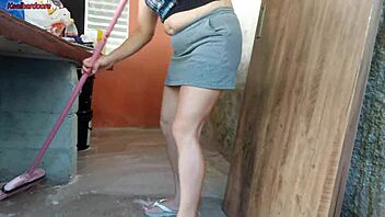 I couldn't resist when my wife left and the hot short maid grabbed my cock to slide it inside her at home