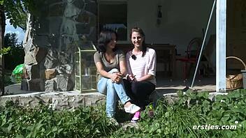 Lesbian babes have sexy fun outdoors with close up clit kissing and romantic shaved pussy action 😘🌳