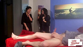 cute femdoms in lingerie humiliate sub guy?