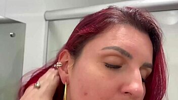 Redhead wife teases submissive cuckold with interracial creampie