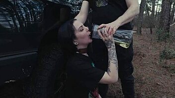 This submissive cutie devours ass and piss at roadside picnic before brutal face fucking domination!