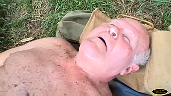 blonde girl washes by the river and two guys spot her for a hot threesome 😏