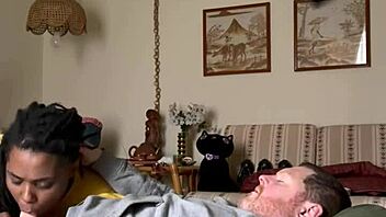 Homemade Amateur Ebony Sucks Big Interracial Cock in Bedroom