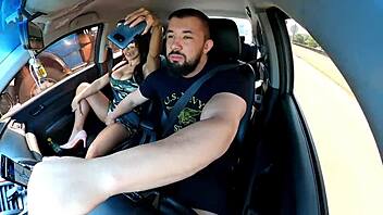 Naughty passenger enters Uber without panties and tempts the driver into fingering her huge clit