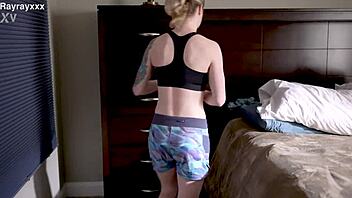 Intense lesbian pussy licking and kissing during gym workout