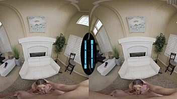 Babysitter with big natural tits rides in cowgirl while wife watches in VR reality.