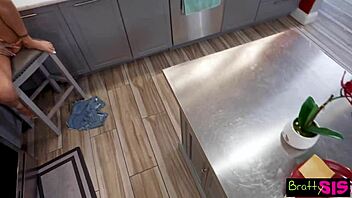 In the kitchen, petite blonde Chloe Temple teases with feet and handjob. She gets deepthroat blowjob, pussy licking, and anal creampie orgasm from intense session.