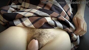 The stepson was rubbing and masturbating the hairy dirty pussy of the milf before cumshot