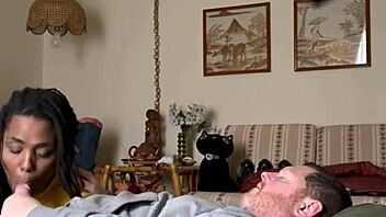 Homemade Amateur Ebony Sucks Big Interracial Cock in Bedroom