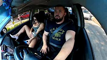 Naughty passenger enters Uber without panties and tempts the driver into fingering her huge clit