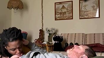 Homemade Amateur Ebony Sucks Big Interracial Cock in Bedroom