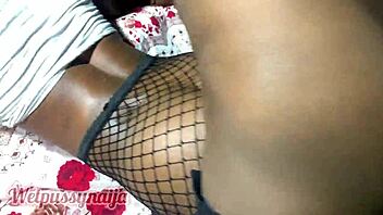 ebony teen experiences intense doggystyle pounding in fishnets leading to double cumshot on her huge ass