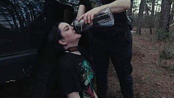 This submissive cutie devours ass and piss at roadside picnic before brutal face fucking domination!