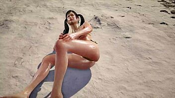 In this scene, Xiaoyu appears in a striking gold bikini during the TK8 ryona action.