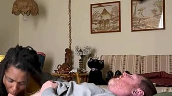 Homemade Amateur Ebony Sucks Big Interracial Cock in Bedroom