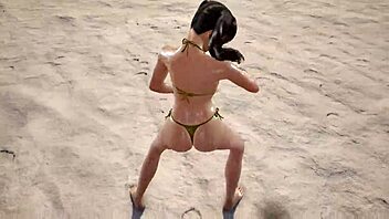 In this scene, Xiaoyu appears in a striking gold bikini during the TK8 ryona action.