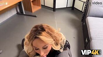 in the office busty blonde karina king pays off her debt with big fake tits