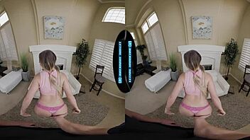 Babysitter with big natural tits rides in cowgirl while wife watches in VR reality.