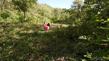 Caught peeping in the forest, can this dominant yoga girl with long ponytail and leggings handle rough pov fucking from huge cock ending in cum on ass?