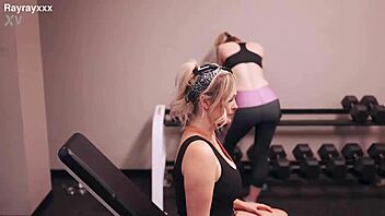 Intense lesbian pussy licking and kissing during gym workout