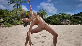 In this scene, Xiaoyu appears in a striking gold bikini during the TK8 ryona action.