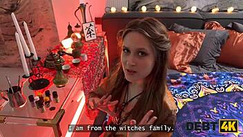 This cute European teen with perfect body pays off her debt using tits and a blowjob