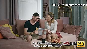 Blonde couple dives into wild ass licking on the sofa.