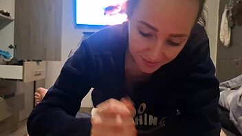 someone enjoys swallowing after a tasty treat from a homemade session with a skinny neighbor