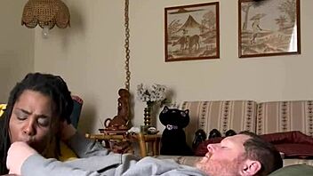 Homemade Amateur Ebony Sucks Big Interracial Cock in Bedroom