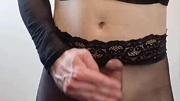 Whoa, check out this big tranny cock cumming hard in pantyhose with nylon fetish vibes 🍆💦