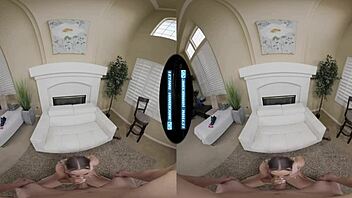 Babysitter with big natural tits rides in cowgirl while wife watches in VR reality.