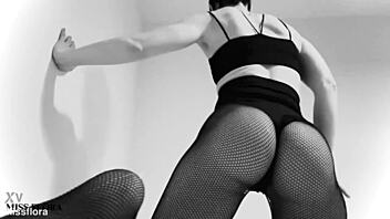 Fishnet tights tease ass and feet, but black and white contrast adds mystery