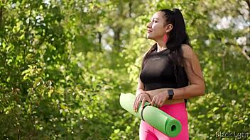 Caught peeping in the forest, can this dominant yoga girl with long ponytail and leggings handle rough pov fucking from huge cock ending in cum on ass?