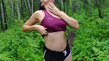 Stepmom walks naked outdoors, teases with perfect body and long legs for foot fetish thrill.