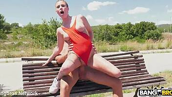 Hey check out Lya's risky sex on the bench with blonde blowjob action 😏