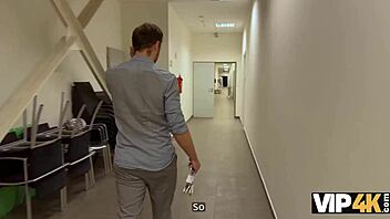 in the office busty blonde karina king pays off her debt with big fake tits