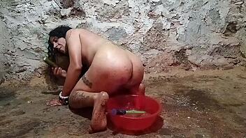 bold anal play with cucumber for shemale assfucking