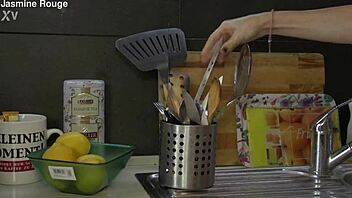 BLONDE HOUSEWIFE WITH NATURAL TITS GOES CRAZY IN KITCHEN STRIPPING PANTIES FOR WILD SLUTTY FUN