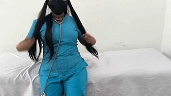 Big ass busty nurse masturbates juicy pussy with dildo and vibrator in hospital uniform during homemade amateur fetish session.
