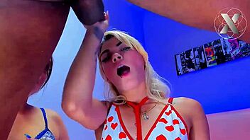 Big Tits Brunette Latina And Blonde Friends Suck Boyfriends' Cocks