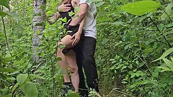 in the forest, a brunette student in a dress experiences a quick end to her long outdoor walk