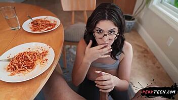 Busty teen with glasses deepthroats and rides cowgirl while playing with food!