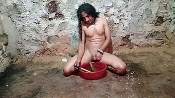 bold anal play with cucumber for shemale assfucking