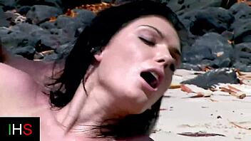 Amazing blonde girl fucks with black man on the beach while another watches the interracial action