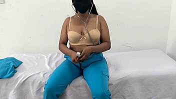 Big ass busty nurse masturbates juicy pussy with dildo and vibrator in hospital uniform during homemade amateur fetish session.