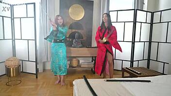 Kimono cuties Lia Lin and April Maxima switched from glass dildo to masseur's cock in a steamy bisexual session.