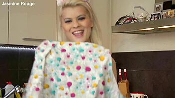 BLONDE HOUSEWIFE WITH NATURAL TITS GOES CRAZY IN KITCHEN STRIPPING PANTIES FOR WILD SLUTTY FUN