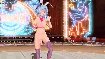 Hatsune Miku dominates in full nude bunny costume, fucking with huge cum loads on big tits.